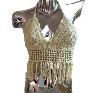 Vintage Y2K Women's Crochet Halter Top Size S Ivory Festival Coachella Cropped